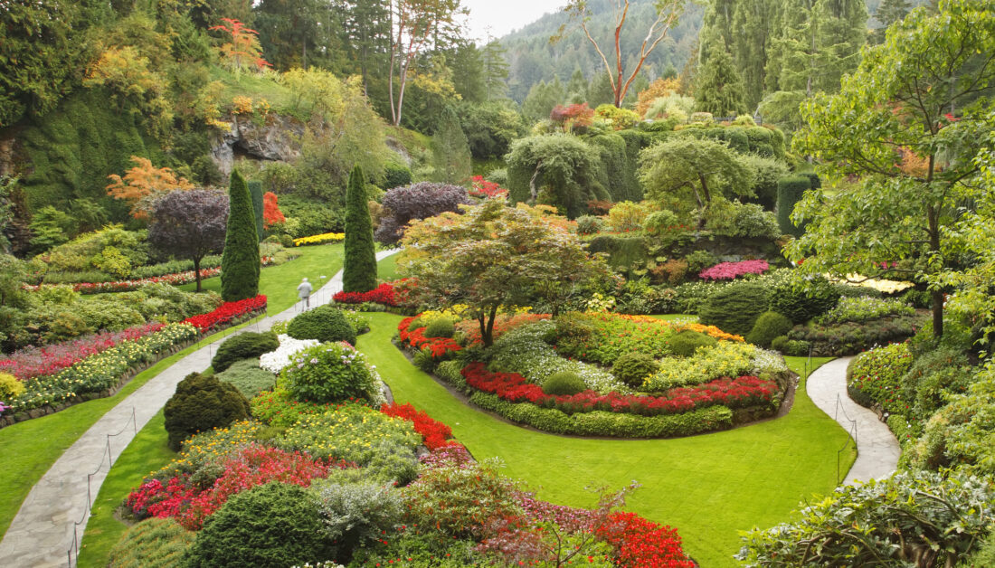 Beispiel für Moderne Gartenkunst - Gartenidee mit bunten Blumenbeeten  Zierbäume und Laubbäume als künstlerischer Park arrangiert