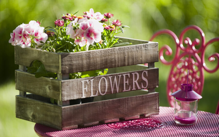 Gartendeko zum Nachmachen – Obstkiste als dekoratives Pflanzgefäß für Blumen auf dem Gartentisch