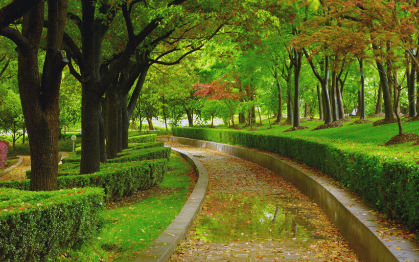 Idee für einen großen Garten oder Park – Beispiel mit gepflasterten Weg & Buchsbaumhecken