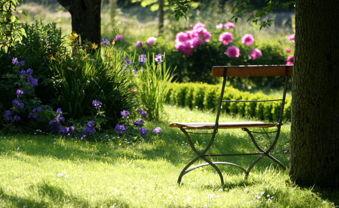 Gestaltungsbeispiel für den Landhaus Garten mit Gartenbank aus Metall an einem Baum – B...