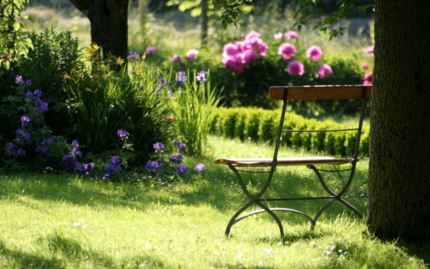 Gestaltungsbeispiel für den Landhaus Garten mit Gartenbank aus Metall an einem Baum – Beete mit Stauden & Blumen