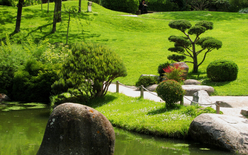 Gepflegter Park im Asiatischen Stil – Idee mit kleinem Bachlauf & Parkweg als Beispiel – asiatische Pflanzen & Steine als Deko
