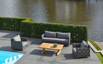 Terrassengestaltung zwischen Pool & See – Beispiel mit einer Loungegruppe aus Polyrattan...