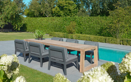 Moderne Gartengestaltung – Beispiel mit einer Terrasse am Pool – große Sitzgruppe mit...