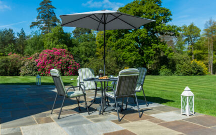 Idee für die Terrasse im Garten mit Sitzbereich & Sonnenschutz – Beispiel mit gestreift...