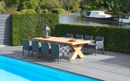 Idee für die Gestaltung des Poolbereichs mit Terrasse – Polyrattanstühle & Holztisch �...