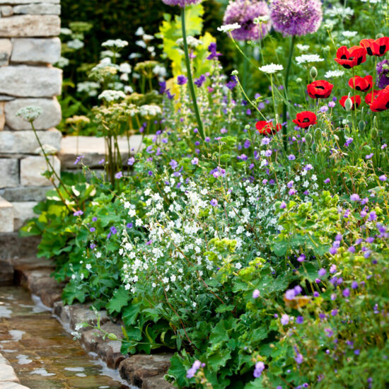 Stilvolle Wildgarten Idee mit Wandbrunnen in der Mauer & Bachlauf - Beispiel mit vielen Blumen und Stauden im natürlichen Garten