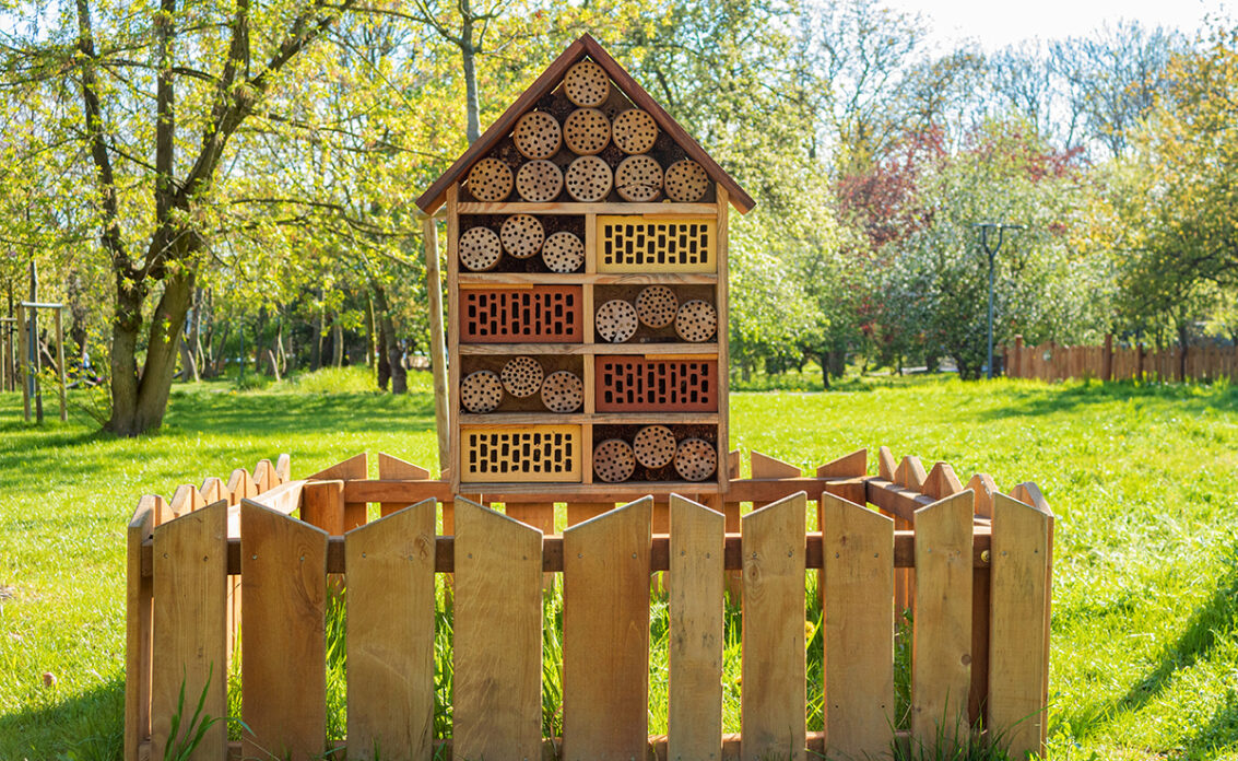 Gestaltungsbeispiel für den Garten mit großen Insektenhotel auf der Wiese – Umrandung ...