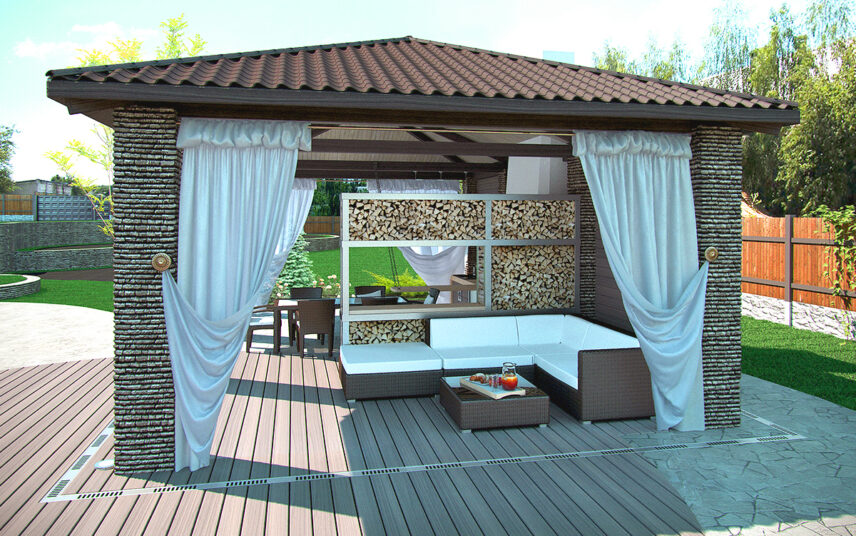 Terrassengestaltung mit einem stabilen Pavillon – Idee mit freistehender Terrassenüberdachung  Loungesofa  Loungebeistelltisch & Kaminholzregal