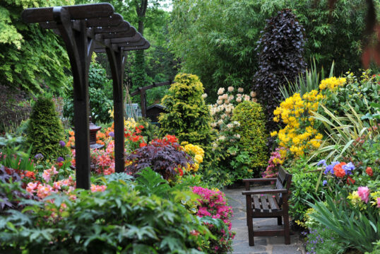Gartenidee – Farbenfroher Garten im asiatischen Stil mit Hortensien  Rhododen...