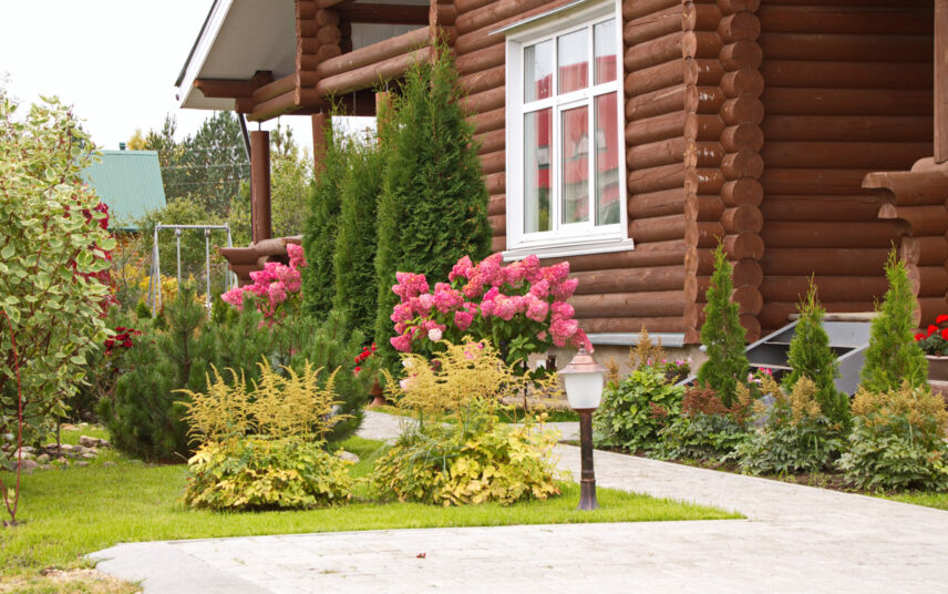 Gartenidee – Gartenweg durch den ganzen Garten mit Wegbeleuchtung – Sträucher  Bäume & rosa Hortensien – Haus mit Holzverkleidung
