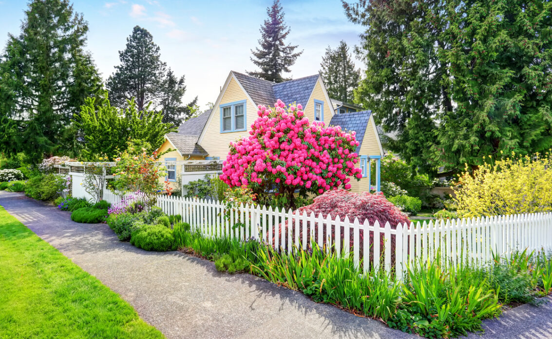 Garten Gestaltungsidee – Kleines gelbes Haus mit weißem Zaun & blühenden Rhododendron ...