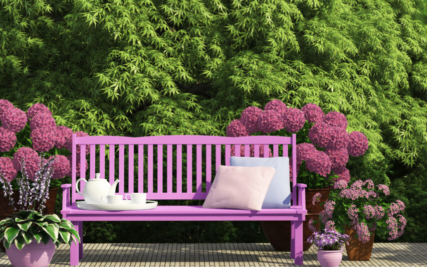 Beispiel für den Garten – Idee für eine Sitzecke mit lila Bank  & Kissen umgeben von Gartenpflanzen & Hortensien – Pflanzgefäße mit Blumen