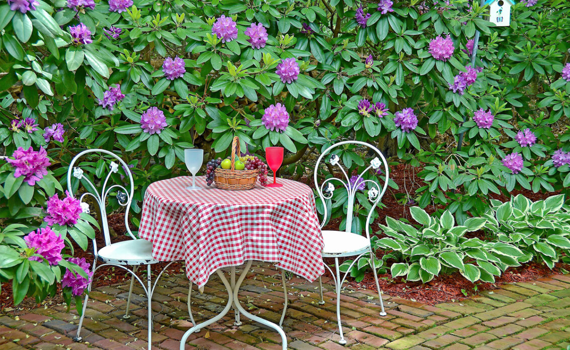 Garten Gestaltungsidee – Sitzgruppe aus Metall vor lila Rhododendron...
