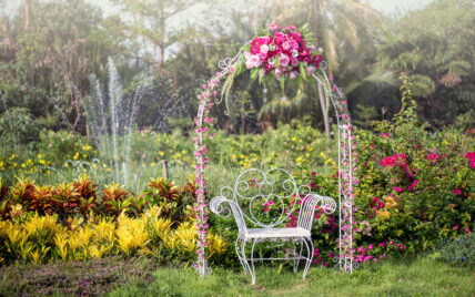 Romantische Gartenidee – Weißer Metallstuhl unter einem dekorierten Rosenbogen mit Stra...