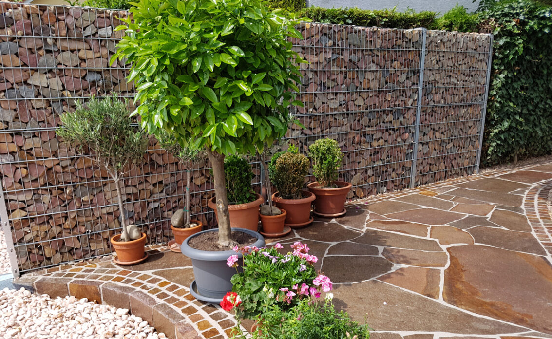 Gartenidee – Gabionenzaun als Sichtschutz an der Terrasse – viele Pflanzgefäße aus T...