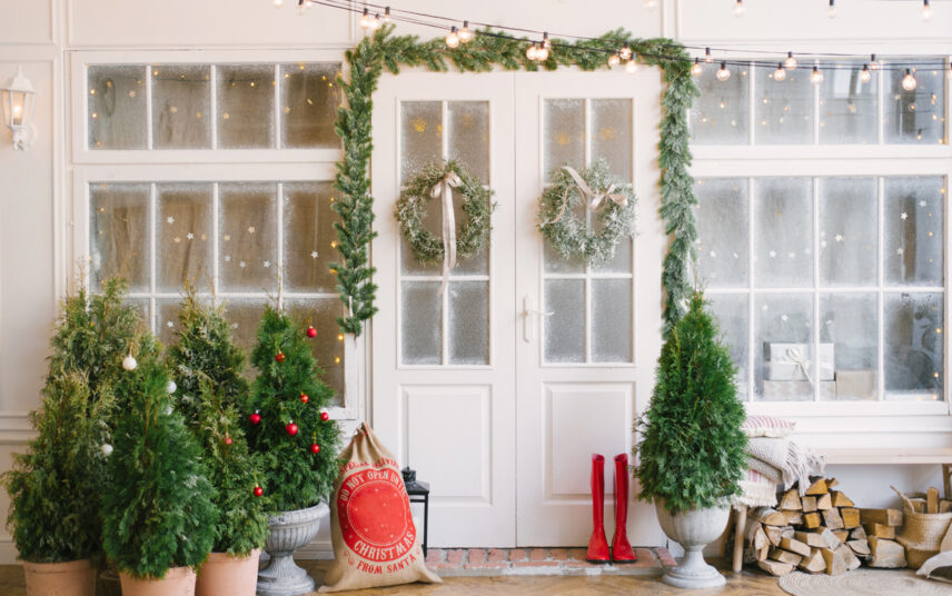 Hauseingang Idee – Weihnachtsdeko an der Haustür mit Weihnachtsgirlande – Pflanzgefäße mit Weihnachtsbäumen – Sitzbank & Lichterkette