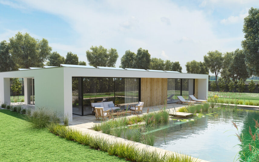 Beispiel für die moderne Gartengestaltung – Großer Schwimmteich mit Pflanzen & Steg – Sitzgruppen & Sonnenliegen auf der Terrasse am Natur Pool