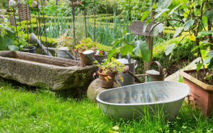 Dekorationsidee Bauerngarten – gefüllter Wassertrog und Zinkgefäße mit Gießwasser f�...