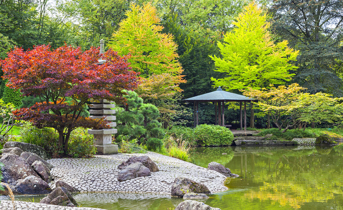 Gestaltungsbeispiel eines japanischen Gartens oder Parks – Pavillons...