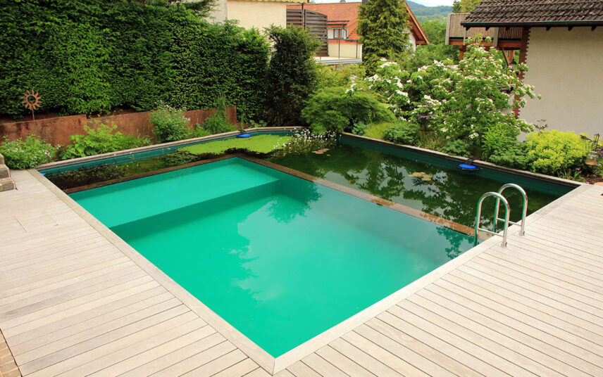 Beispiel für einen selbstgebauten Naturpool mit Pflanzen um den Pool und Holzsteg