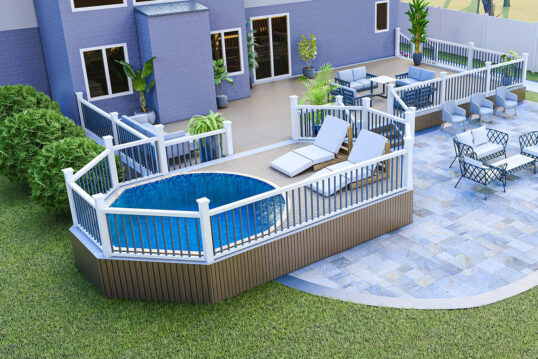Terrasse mit integriertem  selbst gebauten Pool und modernen Liegen