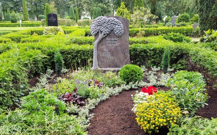 Moderner Grabstein für eine Doppelgrabanlage aus Granit mit Lebensbaum – Hecke als Grab...