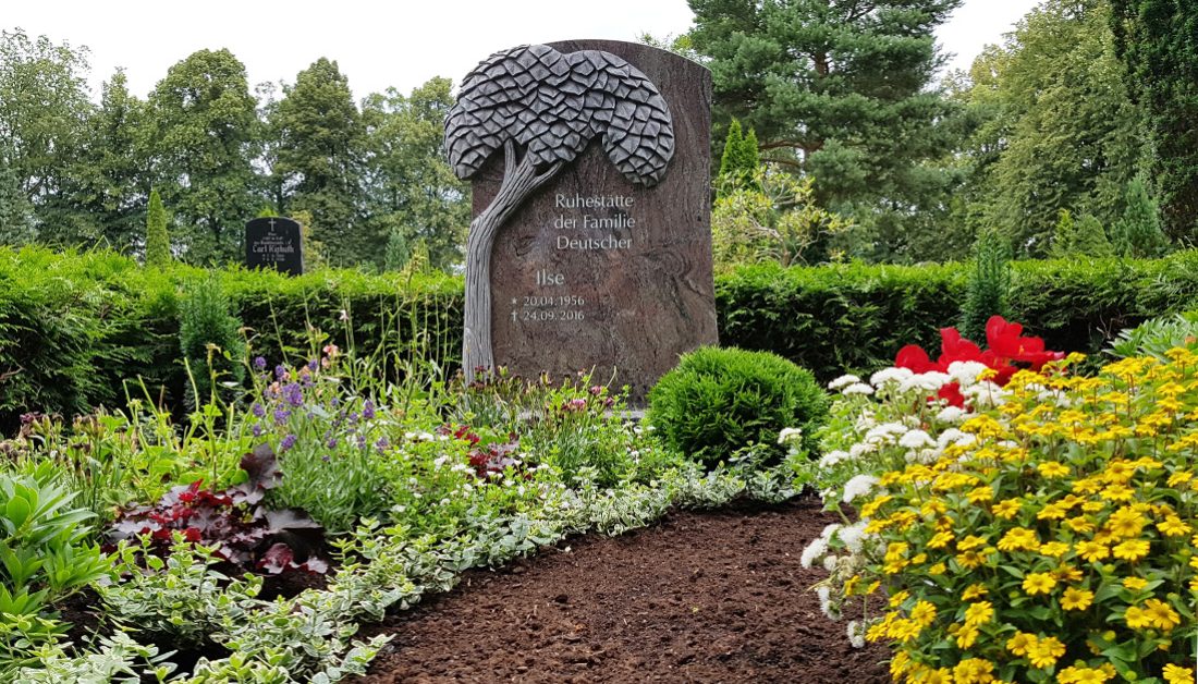 Moderner Grabstein für eine Doppelgrabanlage aus Granit mit Lebensbaum – Hecke als Grabumfassung & dekorative Grabbepflanzung mit mehrjährigen Stauden und Sommerblumen