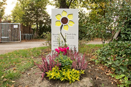 Idee für die Grabgestaltung – Einzelgrabstein aus hellem Kalkstein mit Blume ...