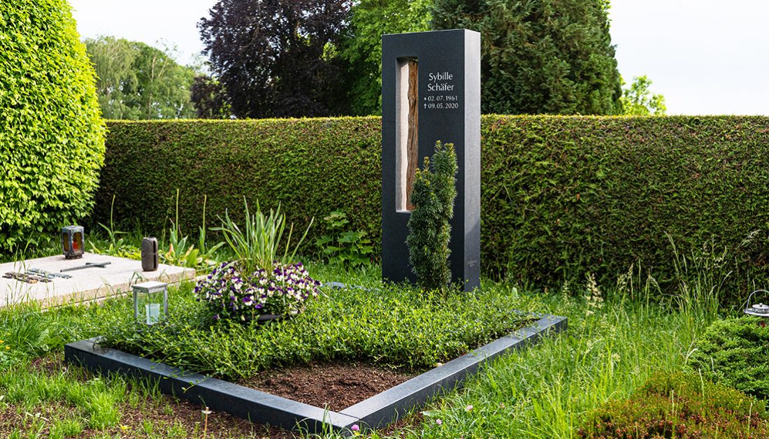 Doppelgrab mit modernem Grabstein aus schwarzem Granit & Treibholz - pflegeleichte Grabbepflanzung mit Immergrün und Nadelgehölz