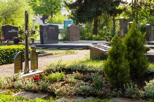 Klassische Doppelgrabanlage mit einem schmiedeeisernen Grabkreuz und Bronzetafeln – Grabgestaltung mit Solitärgehölzen und Bodendeckern