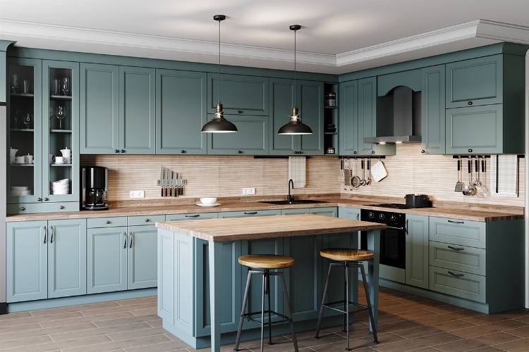 Küchenzeile in blau Holz-Optik im Landhausstil