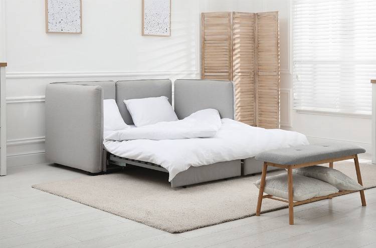 Schlafsofa mit Bettkasten zum Ausziehen in Stoff & Farbe Grau