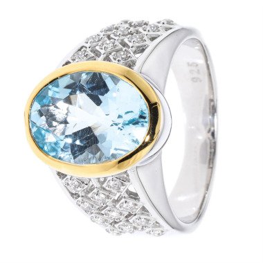 Bicolor-Ring in Silber & Cocktail-Ring, Blautopas, Zirk.,Silber 925 bicolor  21 x Blautopas