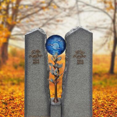 Grabstein mit Glas & Zweiteiliges Granit Grabmal für ein Einzelgrab mit Lebensbaum & Glas