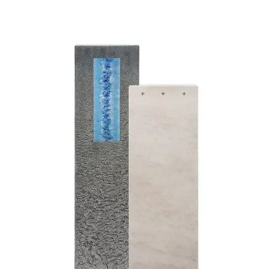 Kalkstein & Granit Grabmal mit Glasornament Blau Doppelgrab