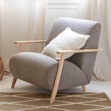 Retro Stil Lounge Sessel aus Chenillegewebe Holz Armlehnen