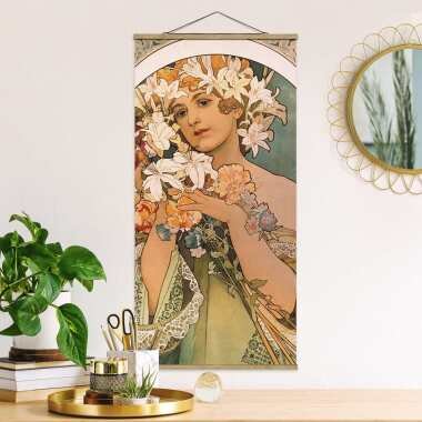Stoffbild mit Posterleisten Alfons Mucha Blume