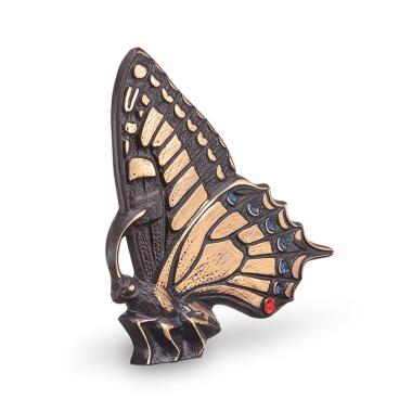 Weihwasserkessel mit Figur & Bunter Schmetterling sitzend für Grabsteine aus Bronze Schwalbenschwanz