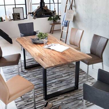 Baumkanten Tisch aus Akazie Massivholz und Eisen Loft Design