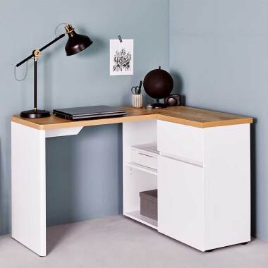 Eck Computertisch & Winkelschreibtisch in Weiß und Eiche Optik Skandi Design