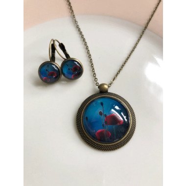 Mohnblüten Schmuckset Halskette Ohrringe Bronze Blau Rot