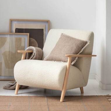 Retro Stil Sessel mit Holz Armlehnen Chenillegewebe