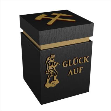 Schmuckurne & Moderne eckige Holzurne schwarz mit goldenem Schriftzug Bergmann