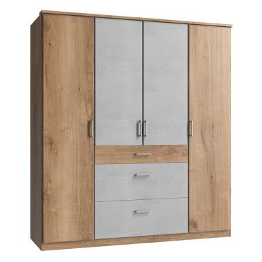 Schrank mit Türen und Schubladen in Plankeneiche Holzoptik Beton Lichtgrau