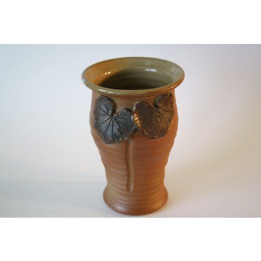 Holzbrandkeramik Vase Mit Zwei Blättern Brauner Naturton Innen Glasiert Beige