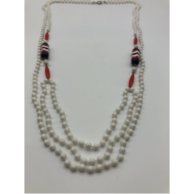 Navy Blau Rot Weiße Plastik Perlen Vintage 1960S Halskette Kette Nautical Coll