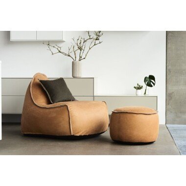 RETROit Dunes Sitzsack Sparset – Sessel mit Hocker aus Naturleder Cognac