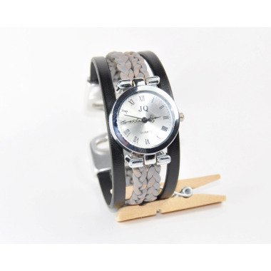 Uhr mit Lederarmband in Schwarz & Armbanduhr Uhr Schwarz Grau Vintage Geflochten