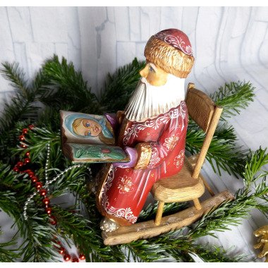 Weihnachtsmann Figur Aus Holz Nikolaus Am Stuhl Santa Claus Opa Frost Bemalt